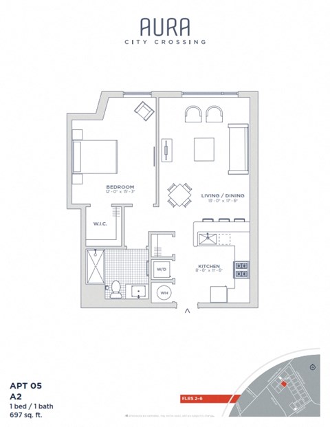Floor plan for 1 bed, 1 bath, 697 sqft